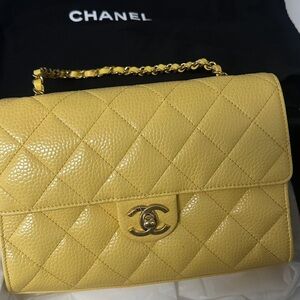 CHANEL Quilted Flap Shoulder Bag in Yellow with Gold Hardware